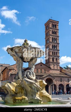 Fountain of the Tritons and Santa Maria in Cosmedin Church, Piazza della Bocca della Verità, Forum Boarium, Ripa, Rome (Roma), Lazio Region, Italy Stock Photo