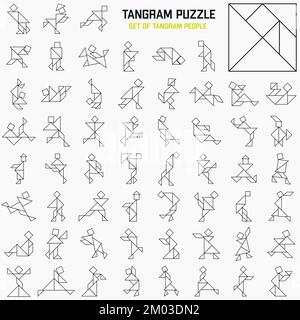 Tangram puzzle game. Tangram line with people. Stock Vector