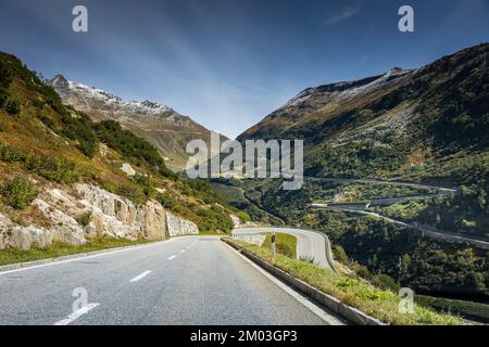Grimsel and Furka mountain pass, dramatic road with swiss alps, Switzerland Stock Photo