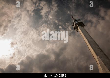 Picture of the Avala tower seen from the nearby forest. The Avala Tower is a 204.68 m tall telecommunications tower located on Mount Avala, in Belgrad Stock Photo