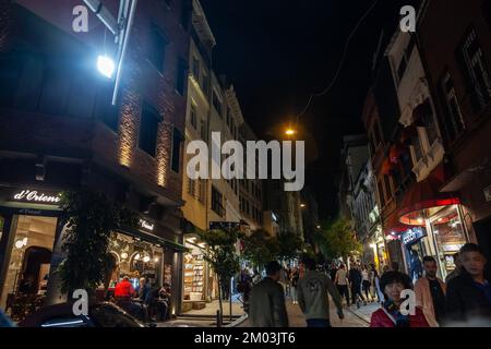 Picture of a typical street of Galata hill in Istanbul, Turkey, at night. Galata is the former name of the Karaköy neighbourhood in Istanbul, which is Stock Photo