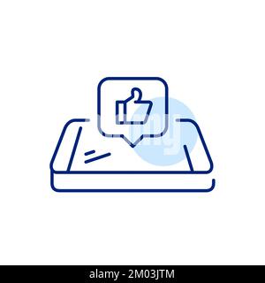Thumbs-up notification on isometric smartphone. Pixel perfect, editable stroke line icon Stock Vector