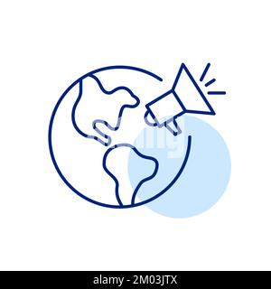Worldwide marketing campaign. Planet Earth with loudspeaker. Pixel perfect, editable stroke art Stock Vector
