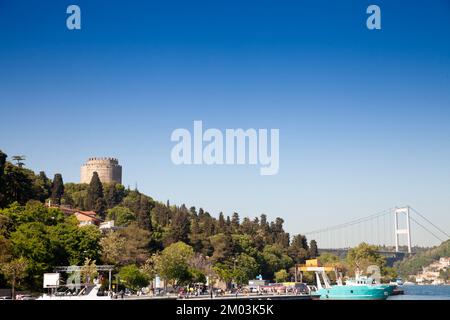 Picture of the Rumeli fortress in Istanbul with a focus on the Halil Pasha tower. Rumelihisarı (also known as Rumelian Castle and Roumeli Hissar Castl Stock Photo