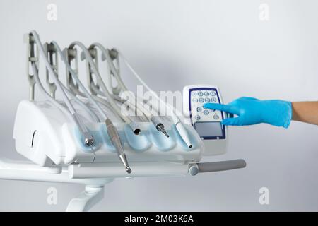Different dental instruments and tools in a dentists office Stock Photo