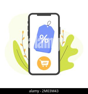Phone with discount. Store special offers advertisement. Markdown program, loyalty program, promotional mix metaphors. Vector flat illustration Stock Vector