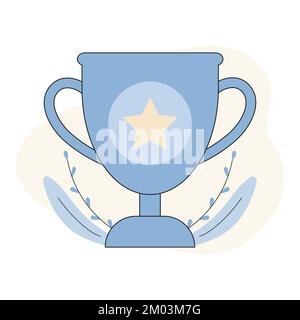 Winner award banner vector illustration, flat cartoon trophy golden cup with first place prize with star, competition reward, victory idea Stock Vector