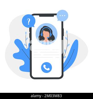 Customer service, operator woman with headphones and a microphone around icons support elements. Call center. Personal assistant service. Flat style Stock Vector