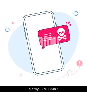 Smartphone with speech bubble and skull and bones on screen. Skull icon. Threats, mobile malware, spam messages, fraud, sms spam concepts. Modern flat Stock Vector