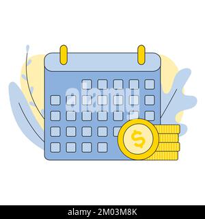 Calendar icon with coins vector illustration. Recurring pay and monthly payment day. Saving, investment in future or save money or open a bank deposit Stock Vector