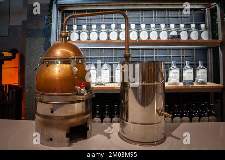Picture of an alembic used for the production of spirits and alcohol in Belgrade, Serbia, made of copper, used for producing rakija. Stock Photo