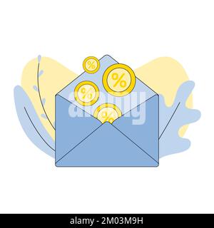 Discount coupons sale, golden coins, open envelope. Lucky present offer, loyalty program benefit concept. Bonus, cash back. Coupons, vouchers and gold Stock Vector