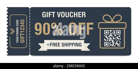 Discount coupon 90 percent off. Gift voucher with percentage marks, qr code and promo codes for website, internet ads, social media. Vector Stock Vector