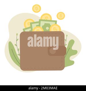 Brown wallet with green paper money and golden coins. Online payment concept. Finance, investment, money saving. Simple trendy cute cartoon object Stock Vector