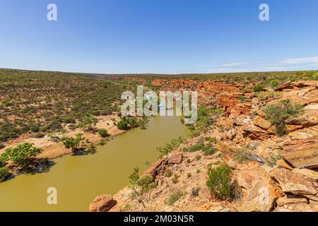 The view of Murchison River flowing through sandstone gorge from Z Bend Lookout at Kalbarri National Park in Western Australia, Australia. Stock Photo