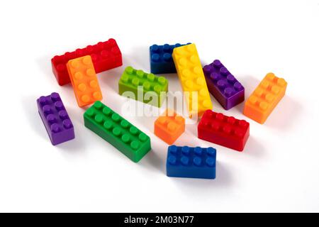 Colorful and isolated children plastic building blocks toy, isolated Stock Photo