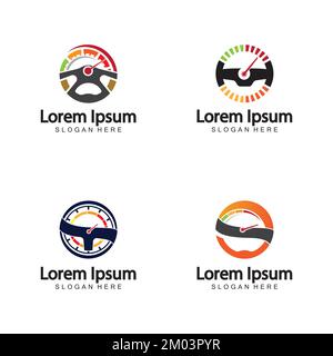 Steering Wheel and speedometer logo template. Driving school vector design. Stock Vector