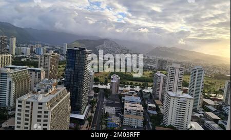 Aerial view of Waikiki Beach in Hawaii and Diamond Head Stock Photo