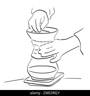 closeup hand brewing hot black coffee in glass coffee pot standing illustration vector hand drawn isolated on white background line art. Stock Vector