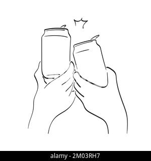 Two hands clinking beer cans illustration vector hand drawn isolated on white background line art. Stock Vector