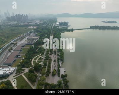 Aerial view of Concert Hall and Yunlong lake in Xuzhou, Jiangsu province - China Stock Photo