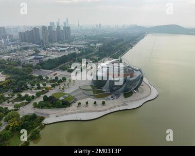 Aerial view of Concert Hall and Yunlong lake in Xuzhou, Jiangsu province - China Stock Photo