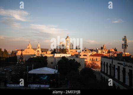 Bethlehem, Palestine. 03rd Dec, 2022. A view of the Church of the Nativity during the Christmas tree lighting preparations in Manger Square in Bethlehem in the West Bank. Credit: SOPA Images Limited/Alamy Live News Stock Photo