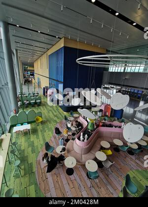 Modern colourful resting café for travellers on an international airport. Helsinki Vantaa finland Stock Photo