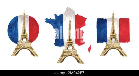 France symbols set. Flag and Eiffel Tower, Hand drawn watercolor illustration, isolated on white  background Stock Photo