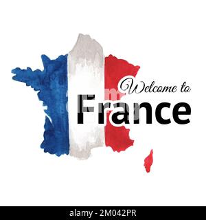 Welcome to France card. Flag, symbol. Hand drawn watercolor illustration, isolated on white  background Stock Photo