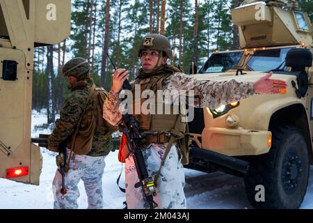 Syndalen, Finland. 22nd Nov, 2022. U.S. Marine Corps Sgt. Andrea Blaine, a motor vehicle operator with Combat Logistics Battalion 6 (CLB-6), ground guides a vehicle during a simulated convoy attack in Syndalen, Finland, Nov. 22, 2022.Task Force Red Cloud, headquartered by elements of CLB-6, is deployed to Finland in support of Exercises SYD 2022 and Freezing Winds 2022 to enhance U.S. and Finnish select interdependence in the maritime domain; solidify bilateral maritime maneuver within the Finnish littoral environment; and foster strong relationships between U.S. Marine Corps and Finnish Stock Photo