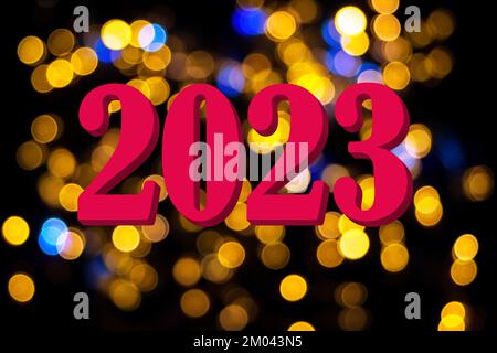 Calendar 2023. New Year's Date 2023 colors Via Magenta on a black background with beautiful bokeh, 3D, mockup, copy space. Stylish trendy Christmas ca Stock Photo