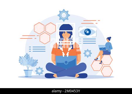 Businessman and technology measuring eye position and movement, tiny people. Eye tracking technology, gaze tracking, eye position sensor concept. flat Stock Vector