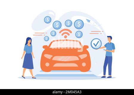 Business people paying in vehicle equiped with in-car payment system. In vehicle payments, in-car payment technology, modern retail services concept. Stock Vector