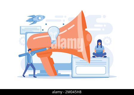 Designers work on new brand and big megaphone. Brand identity and logo, business card, advertisement and graphic design concept on white background. f Stock Vector