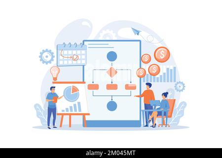 Businessmen work with improvement diagrams and charts. Business process management, business process visualization, IT business analysis concept. flat Stock Vector