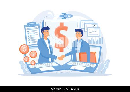 Demand analysts shaking hands from laptops screens and planning future demand. Demand planning, demand analytics, digital sales forecast concept. flat Stock Vector