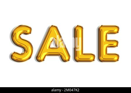 Sale. Banner of realistic 3d gold helium balloons, logo golden color. Word isolated on white background. Graphic font, text. Colorful letter. Letterin Stock Photo