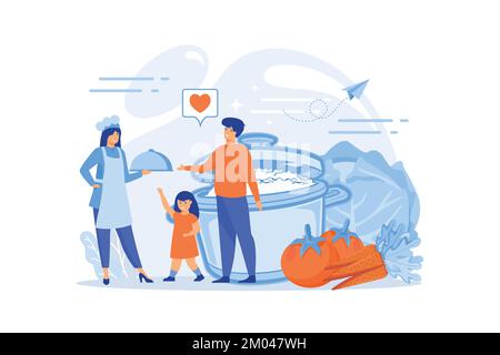 Tiny people family waiting for wife in apron cook tasty food and big pot, vegetables. Home cooking, home foods recipes, family time activity concept. Stock Vector