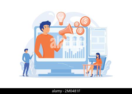 Marketer delivering ads with megaphone and devices. Cross-device marketing, cross-device marketing analysis and strategy concept on white background. Stock Vector