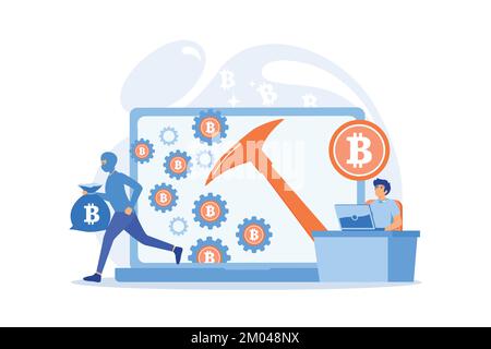 Scammer in mask stealing cryptocurrency from mining pool on laptop. Hidden mining, miner bot and mining virus concept on white background. flat vector Stock Vector