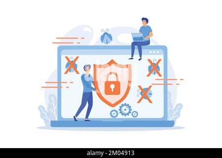 A man before laptop with shield and lock on the screen. Anti virus software, anti-malware, spyware, trojan, adware as internet security concept. flat Stock Vector