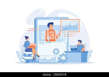 Students watching online training video with teacher and chart on tablet. Online teaching, share your knowledge, english teacher online concept. flat Stock Vector