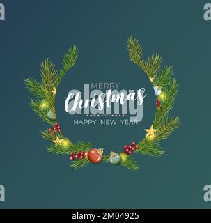 Christmas card with circle and fir branches on dark background Vector illustration Stock Vector