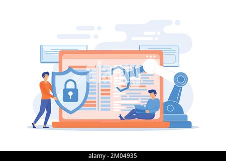 Developers, robot work at laptop with magnifier. Industrial cybersecurity, industrial robotics malware, safeguarding of industrial robotics concept. f Stock Vector