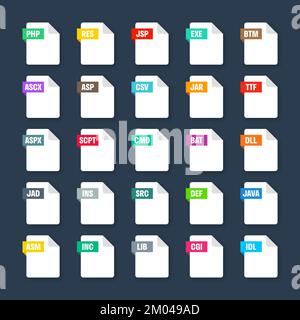 Common system file formats. Document types and extensions. Flat style icons collection. Document pictogram, web design UI element, template. Computer Stock Vector