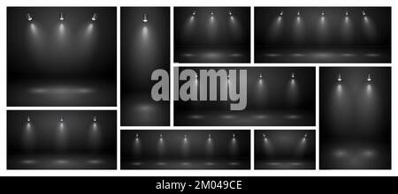 Empty black studio abstract backgrounds with spotlights. Product showcase backdrop with spotlight effect. Stage lighting. Vector illustration Stock Vector