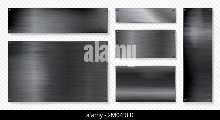 Realistic black metal banners collection. Brushed steel or aluminium plate, panel with screws. Polished metal surface. Old grunge texture with Stock Vector