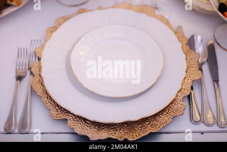 Set table in restaurant. Cutlery top view Stock Photo