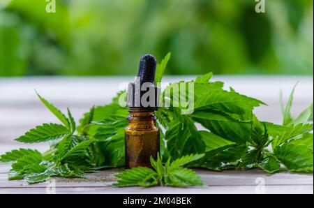 hemp oil in jars close-up. On a wooden background. Selective focus Stock Photo